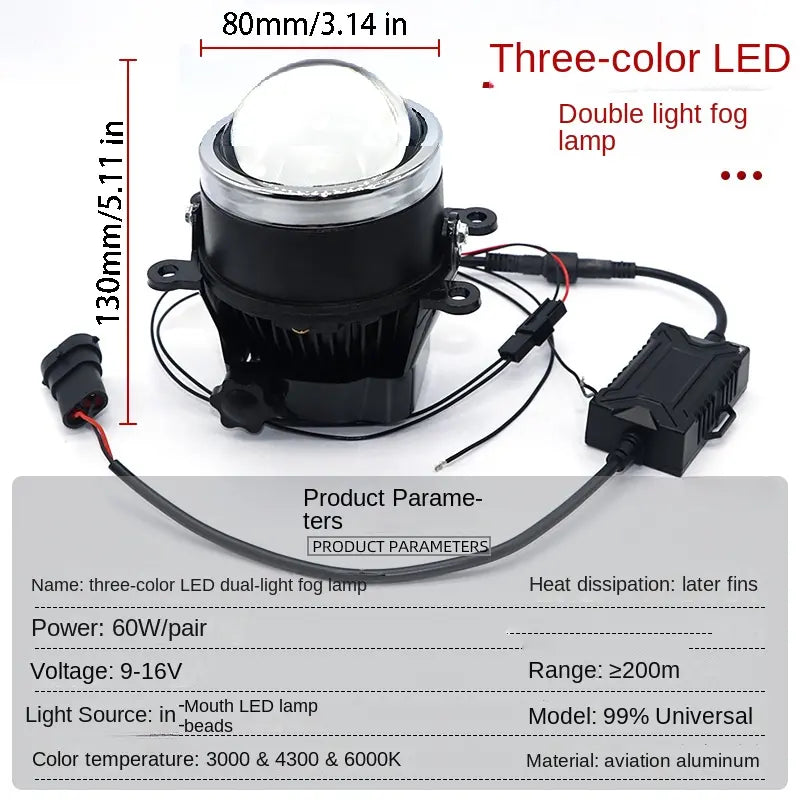 三色透镜雾灯汽车灯 LED 激光 3.0 英寸双透镜白色黄色暖光自由切换超亮远 3000K 4300K 6000K,2 件